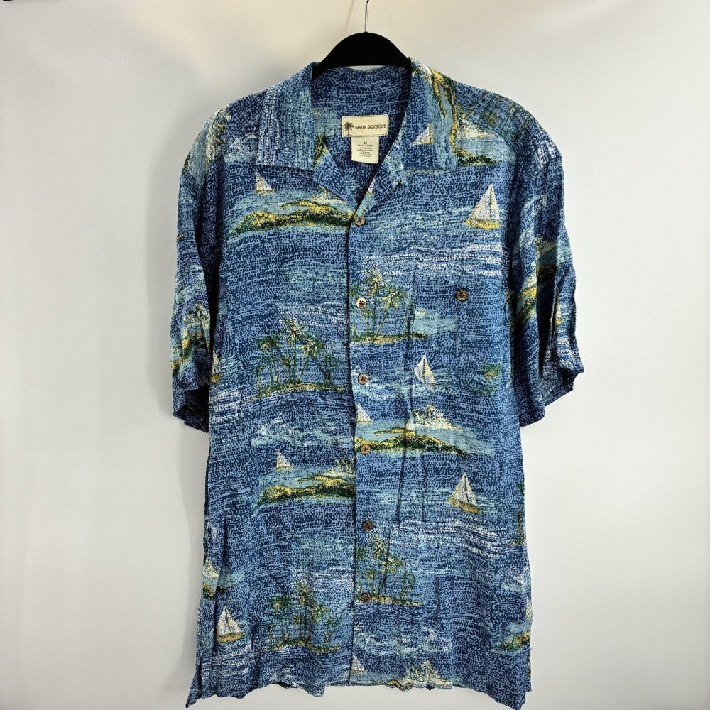 Havana Jack's Cafe Mens M Tropical Island Sailboat Rayon Button Up Shirt